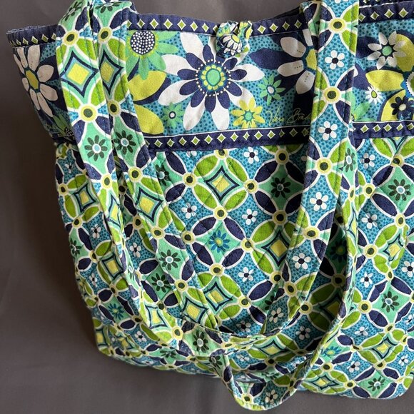Vera Bradley Floral Quilted Tote Bag Blue/Green Geometric Daisy Pattern Cotton S - Picture 2 of 3